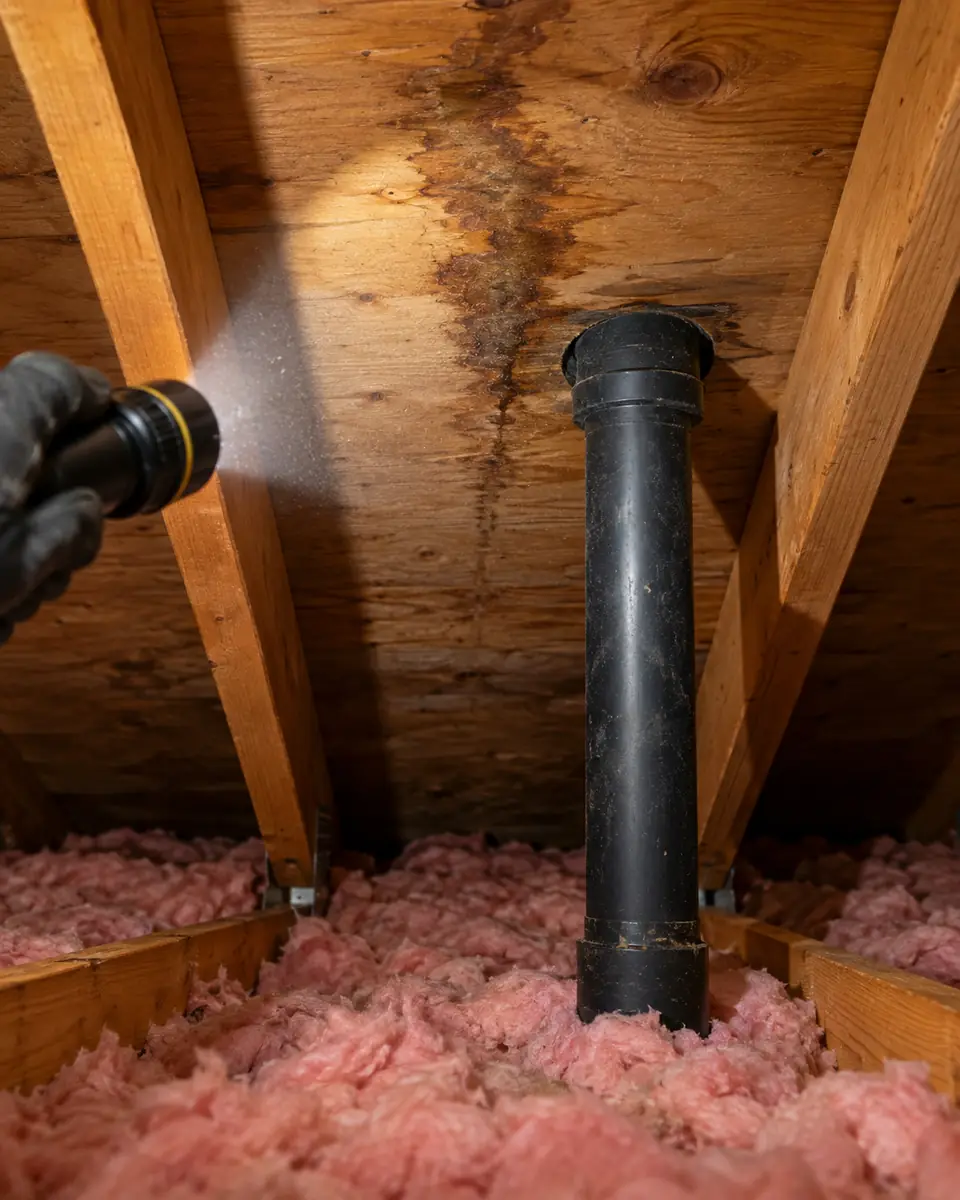 Illustrative attic view with a flashlight on a water stain beside roof decking
